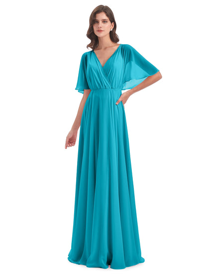 Hazel V-Neck Short Sleeves Chiffon Long Bridesmaid Dresses