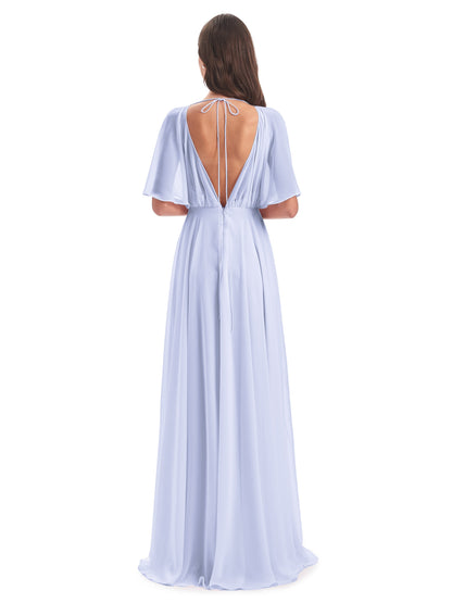 Hazel V-Neck Short Sleeves Chiffon Long Bridesmaid Dresses