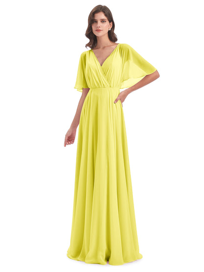 Hazel V-Neck Short Sleeves Chiffon Long Bridesmaid Dresses