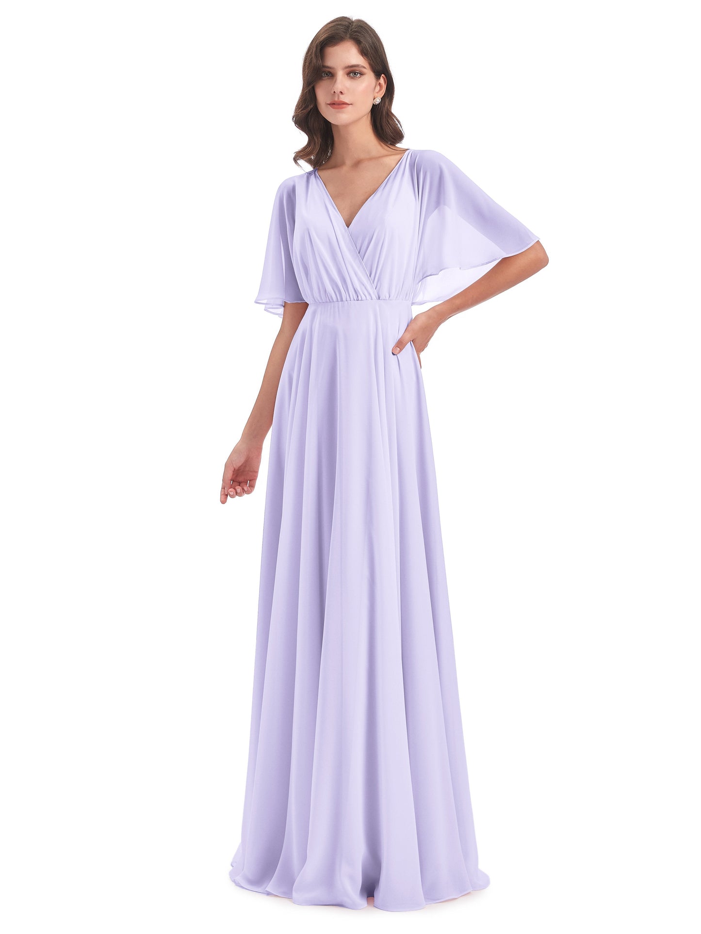 Hazel V-Neck Short Sleeves Chiffon Long Bridesmaid Dresses