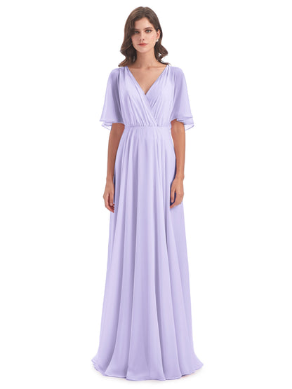 Hazel V-Neck Short Sleeves Chiffon Long Bridesmaid Dresses