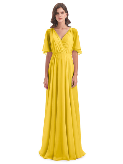 Hazel V-Neck Short Sleeves Chiffon Long Bridesmaid Dresses