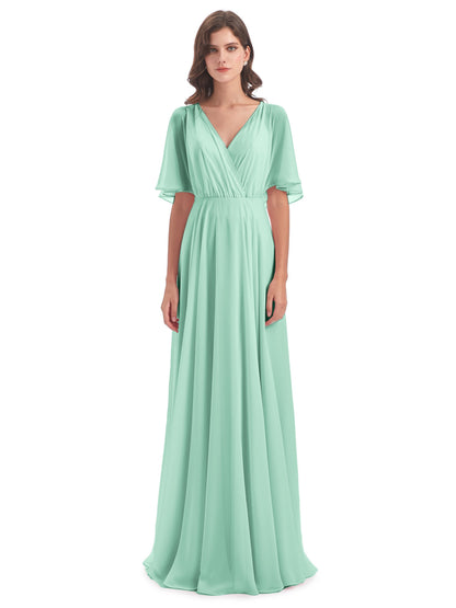 Hazel V-Neck Short Sleeves Chiffon Long Bridesmaid Dresses