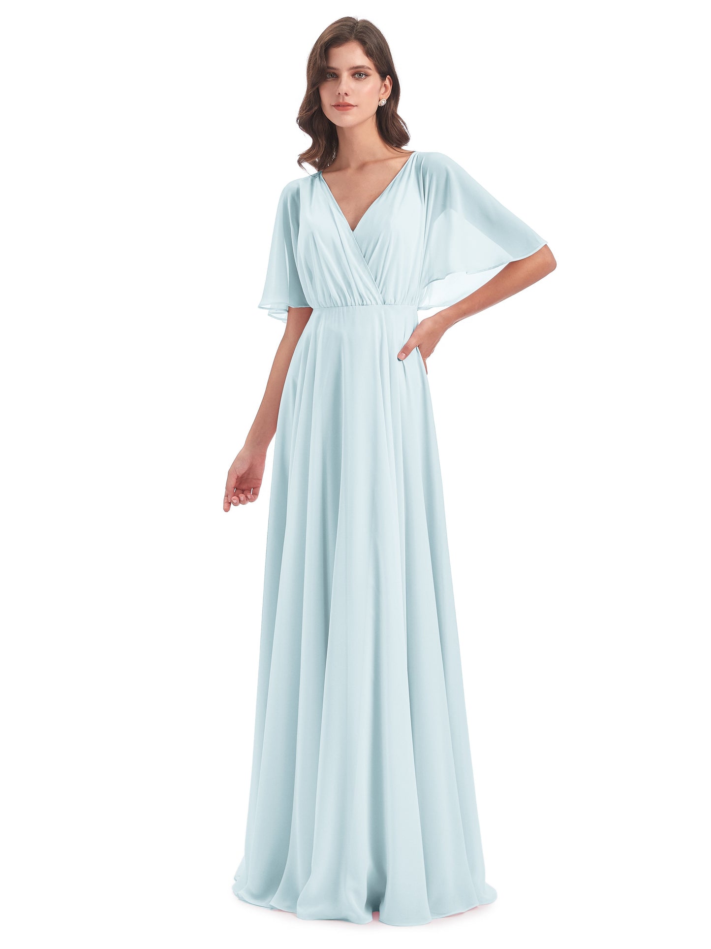 Hazel V-Neck Short Sleeves Chiffon Long Bridesmaid Dresses