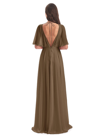 Hazel V-Neck Short Sleeves Chiffon Long Bridesmaid Dresses