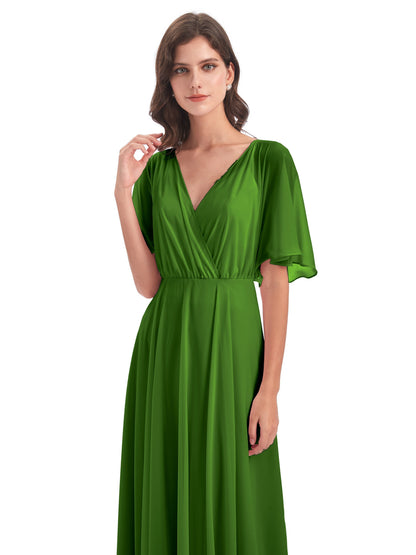 Hazel V-Neck Short Sleeves Chiffon Long Bridesmaid Dresses