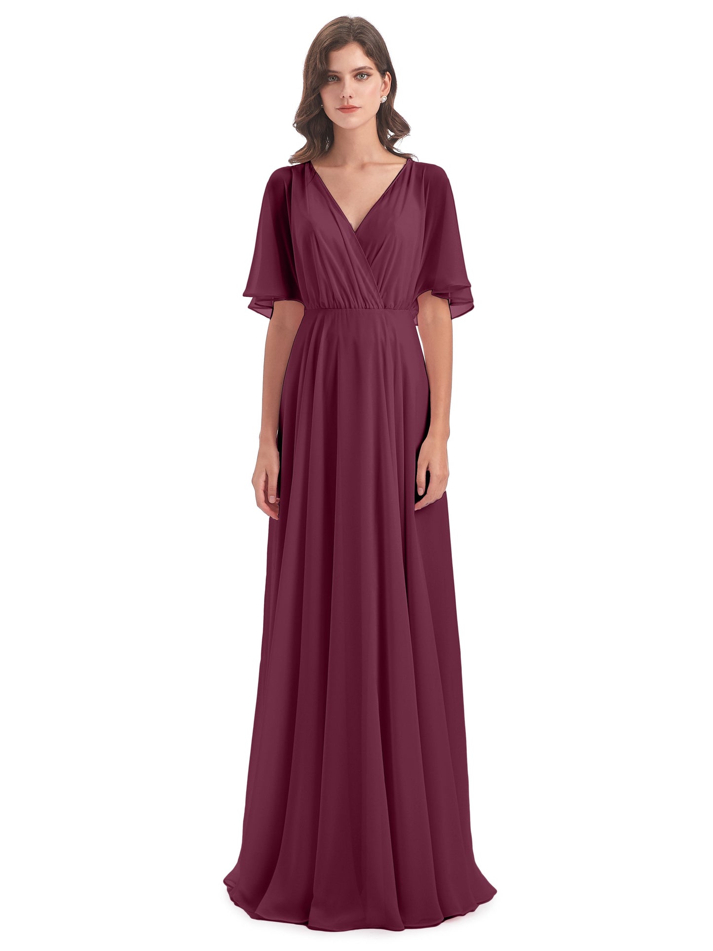Hazel V-Neck Short Sleeves Chiffon Long Bridesmaid Dresses