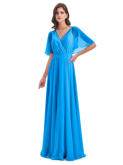 Hazel V-Neck Short Sleeves Chiffon Long Bridesmaid Dresses