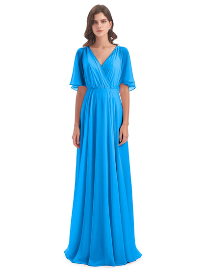 Hazel V-Neck Short Sleeves Chiffon Long Bridesmaid Dresses