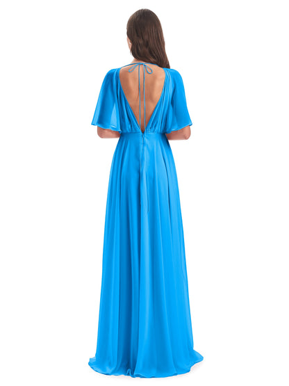 Hazel V-Neck Short Sleeves Chiffon Long Bridesmaid Dresses