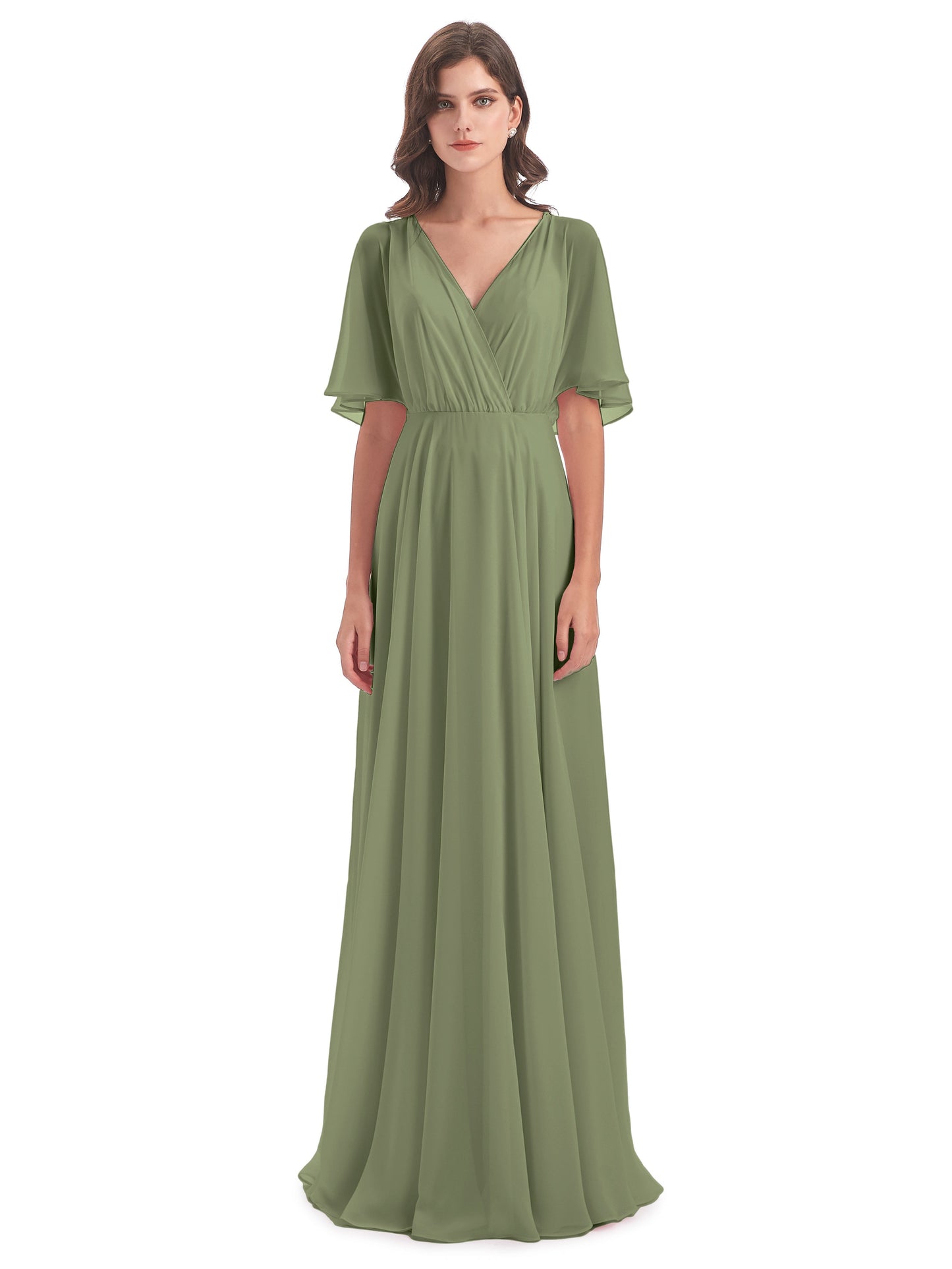 Hazel V-Neck Short Sleeves Chiffon Long Bridesmaid Dresses