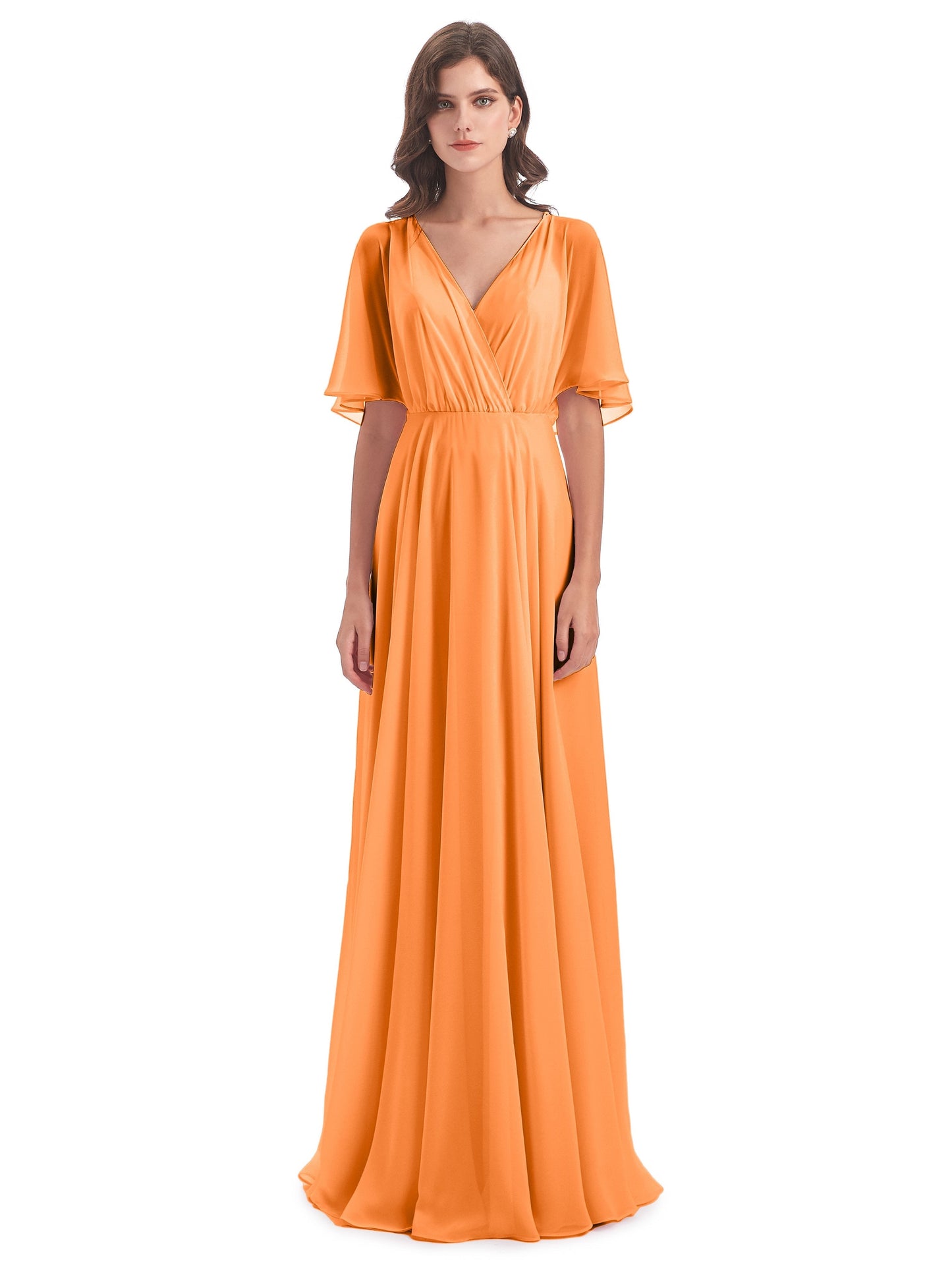Hazel V-Neck Short Sleeves Chiffon Long Bridesmaid Dresses