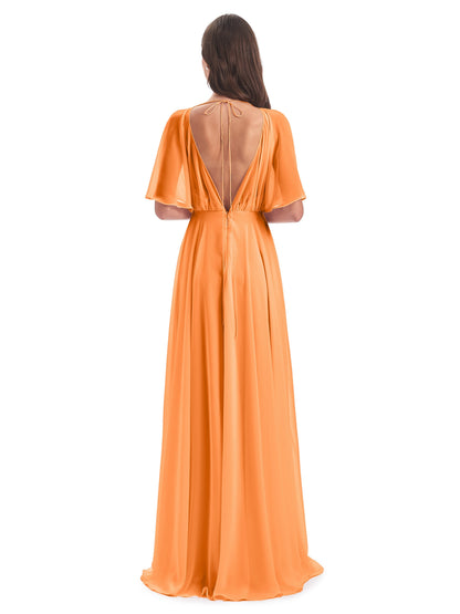 Hazel V-Neck Short Sleeves Chiffon Long Bridesmaid Dresses