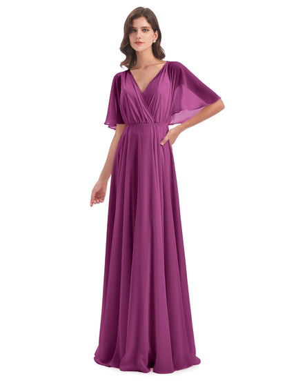 Hazel V-Neck Short Sleeves Chiffon Long Bridesmaid Dresses
