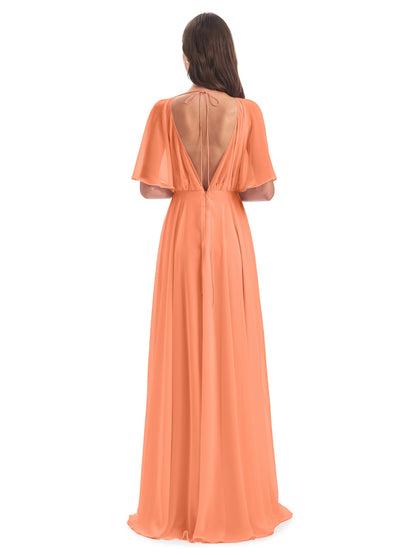 Hazel V-Neck Short Sleeves Chiffon Long Bridesmaid Dresses