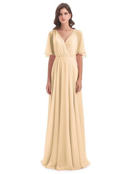 Hazel V-Neck Short Sleeves Chiffon Long Bridesmaid Dresses