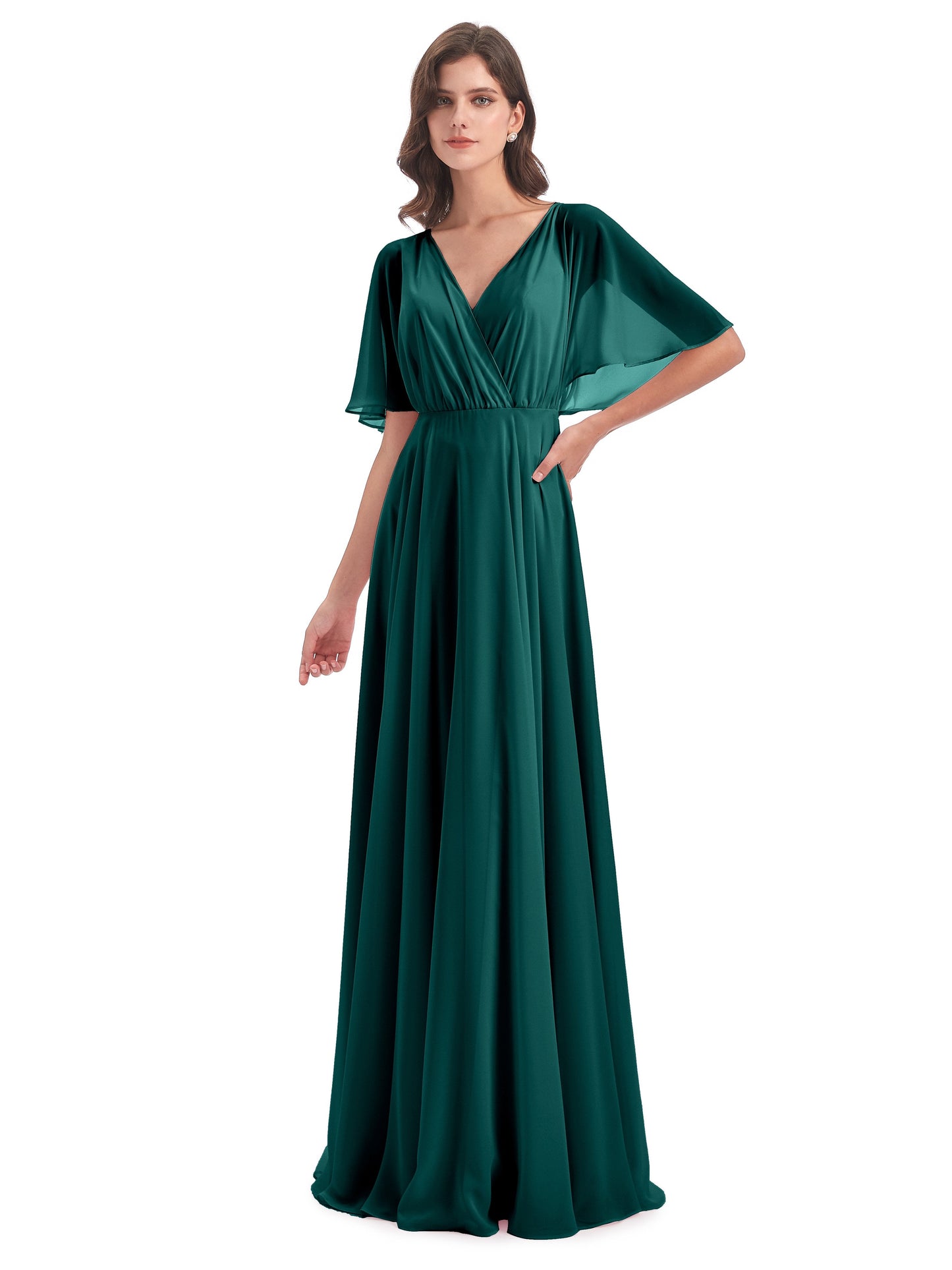 Hazel V-Neck Short Sleeves Chiffon Long Bridesmaid Dresses