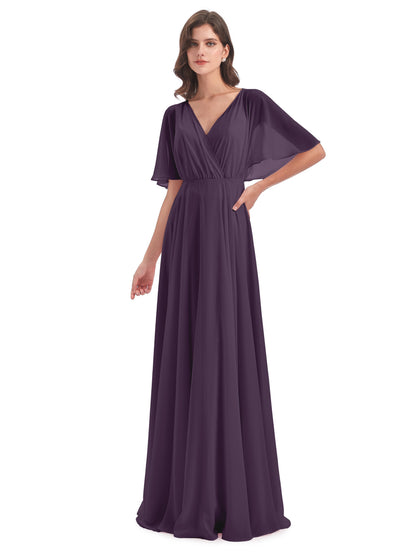 Hazel V-Neck Short Sleeves Chiffon Long Bridesmaid Dresses