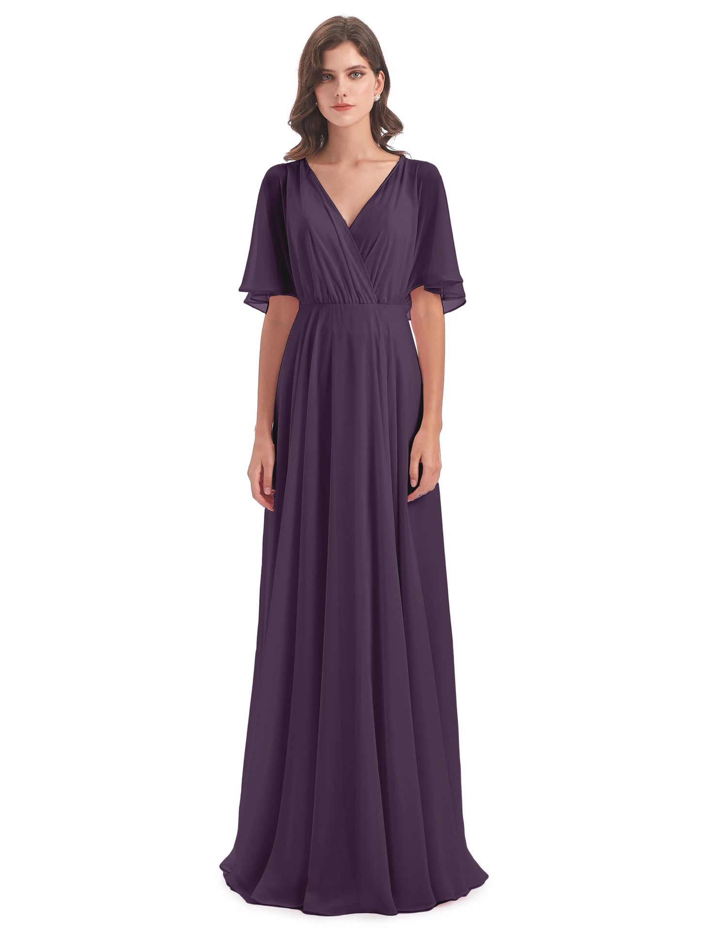 Hazel V-Neck Short Sleeves Chiffon Long Bridesmaid Dresses