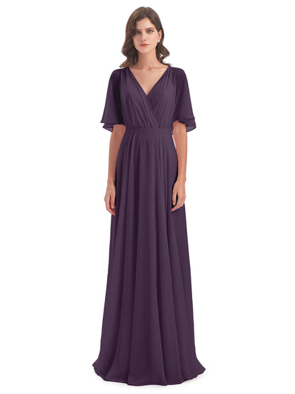 Hazel V-Neck Short Sleeves Chiffon Long Bridesmaid Dresses