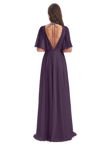 Hazel V-Neck Short Sleeves Chiffon Long Bridesmaid Dresses