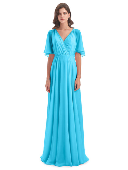 Hazel V-Neck Short Sleeves Chiffon Long Bridesmaid Dresses