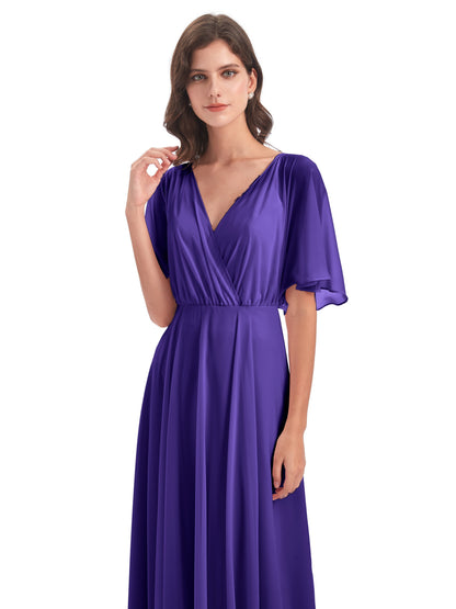 Hazel V-Neck Short Sleeves Chiffon Long Bridesmaid Dresses