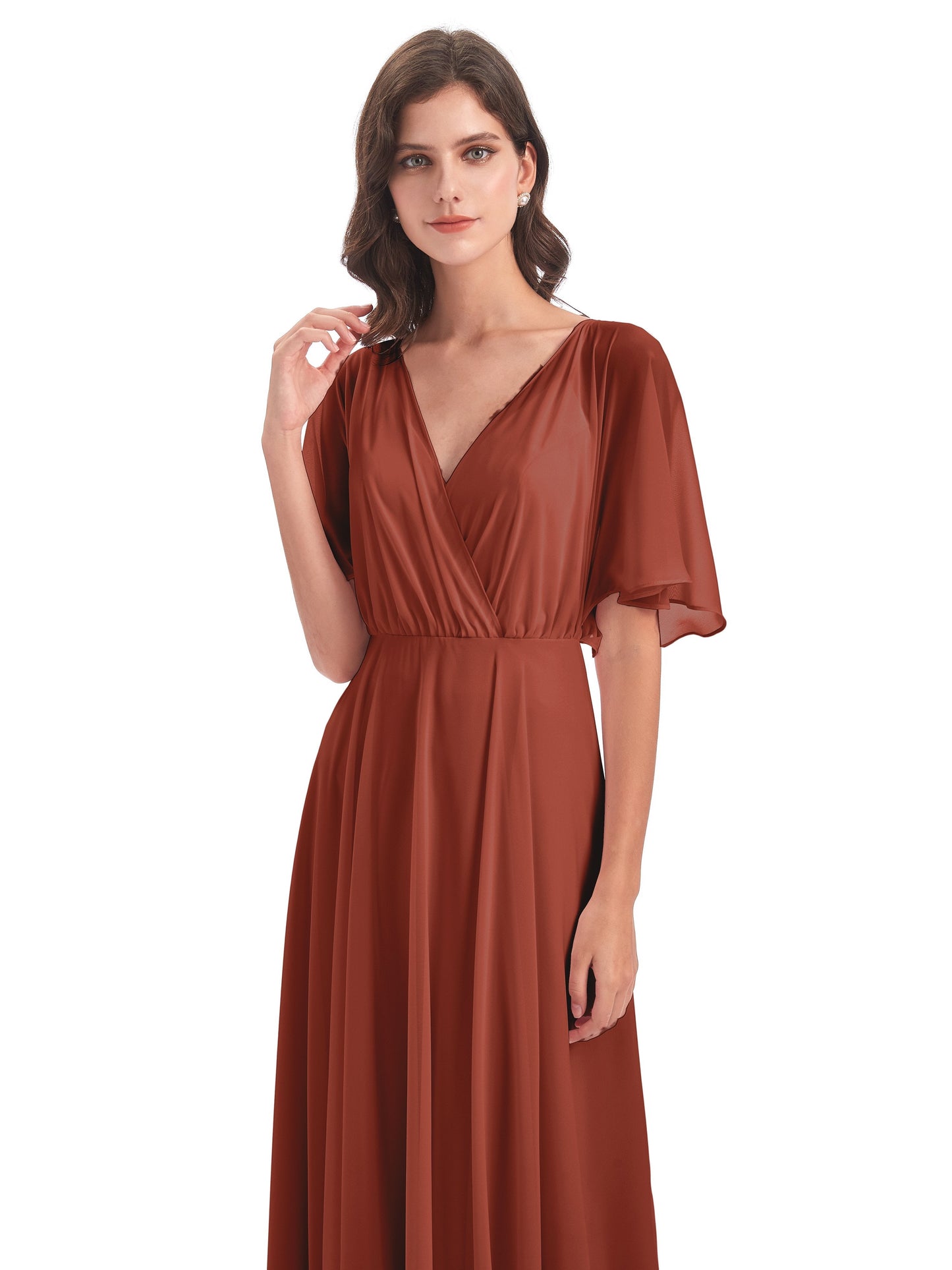 Hazel V-Neck Short Sleeves Chiffon Long Bridesmaid Dresses
