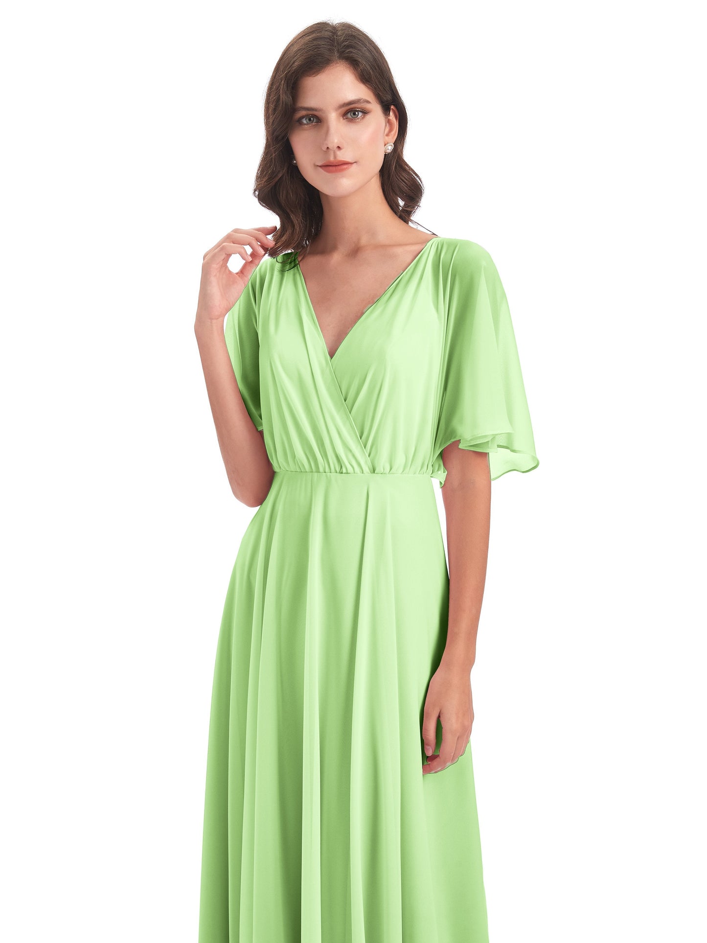 Hazel V-Neck Short Sleeves Chiffon Long Bridesmaid Dresses
