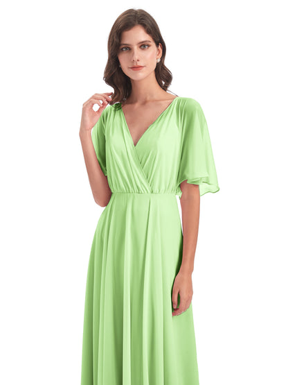 Hazel V-Neck Short Sleeves Chiffon Long Bridesmaid Dresses