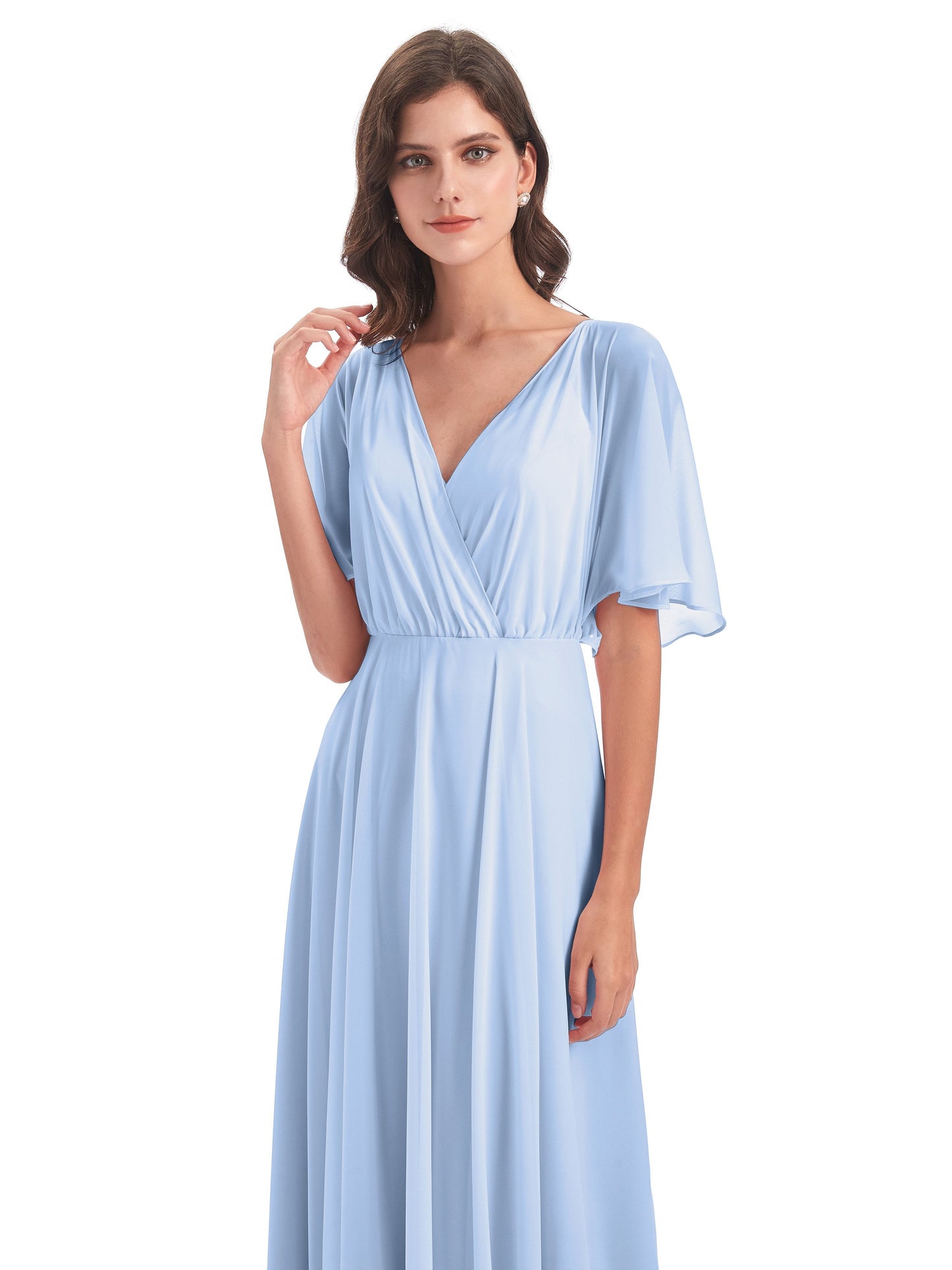 Hazel V-Neck Short Sleeves Chiffon Long Bridesmaid Dresses