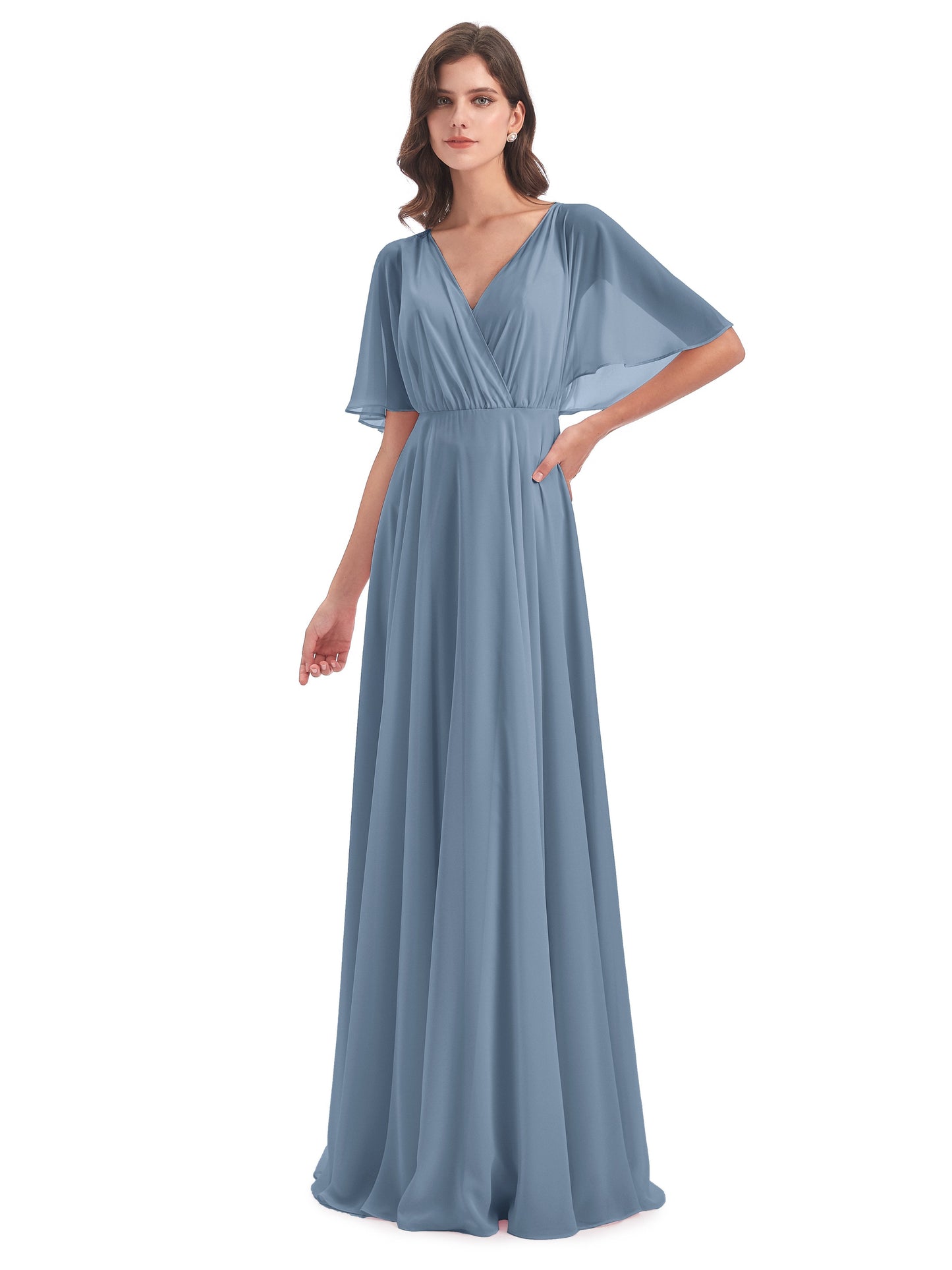 Hazel V-Neck Short Sleeves Chiffon Long Bridesmaid Dresses