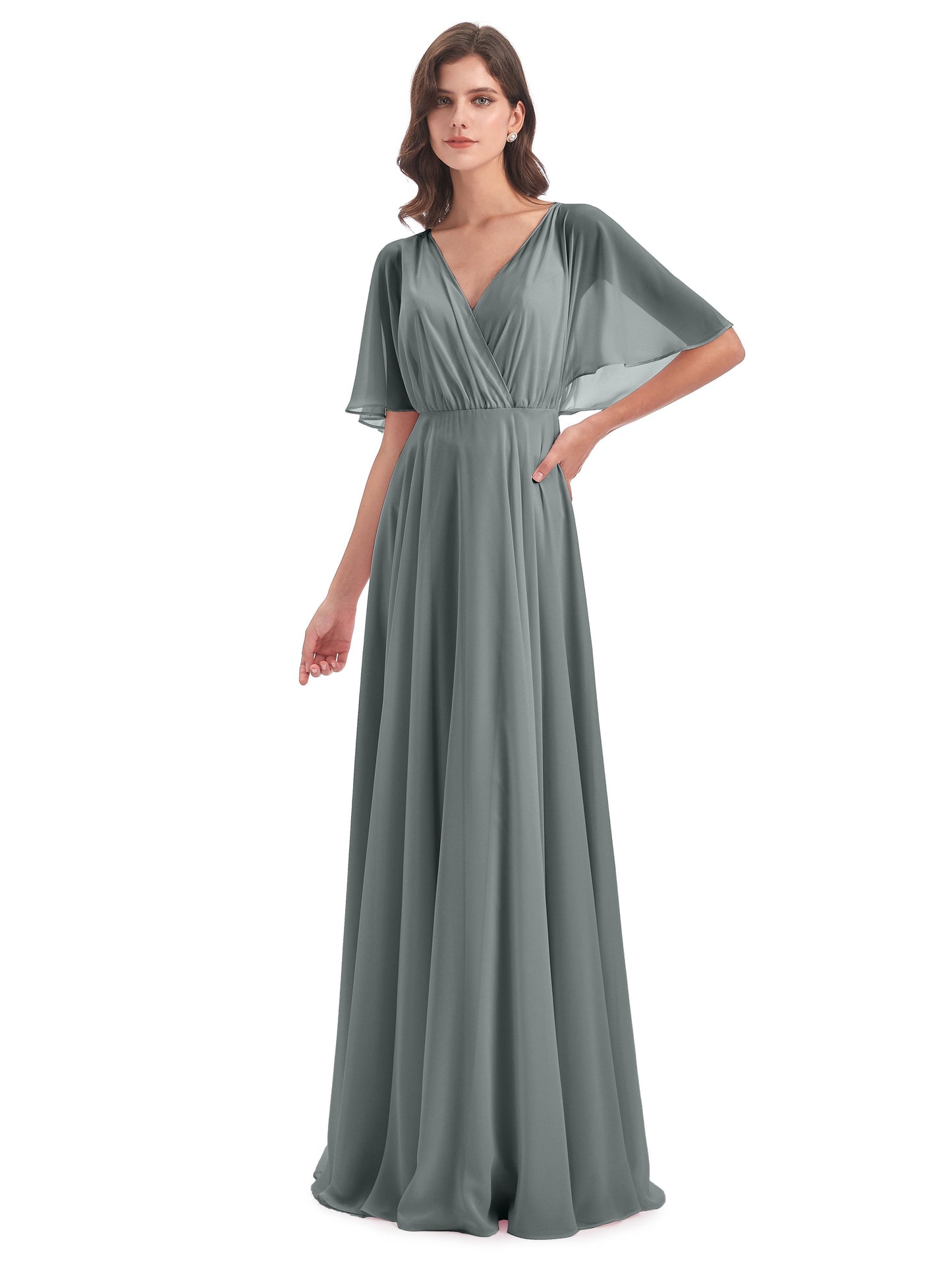Hazel V-Neck Short Sleeves Chiffon Long Bridesmaid Dresses