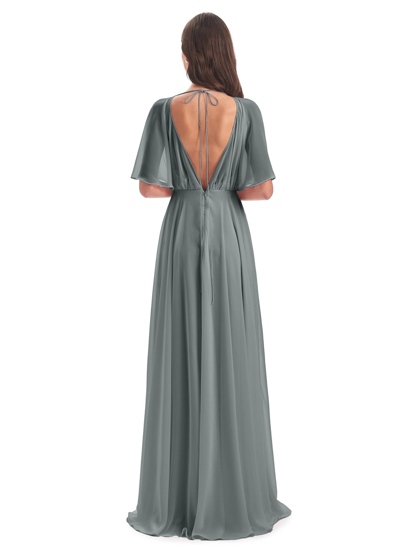 Hazel V-Neck Short Sleeves Chiffon Long Bridesmaid Dresses