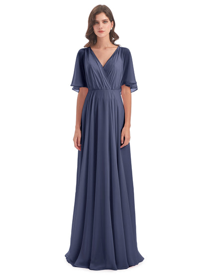 Hazel V-Neck Short Sleeves Chiffon Long Bridesmaid Dresses