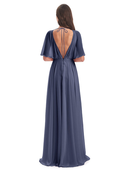 Hazel V-Neck Short Sleeves Chiffon Long Bridesmaid Dresses
