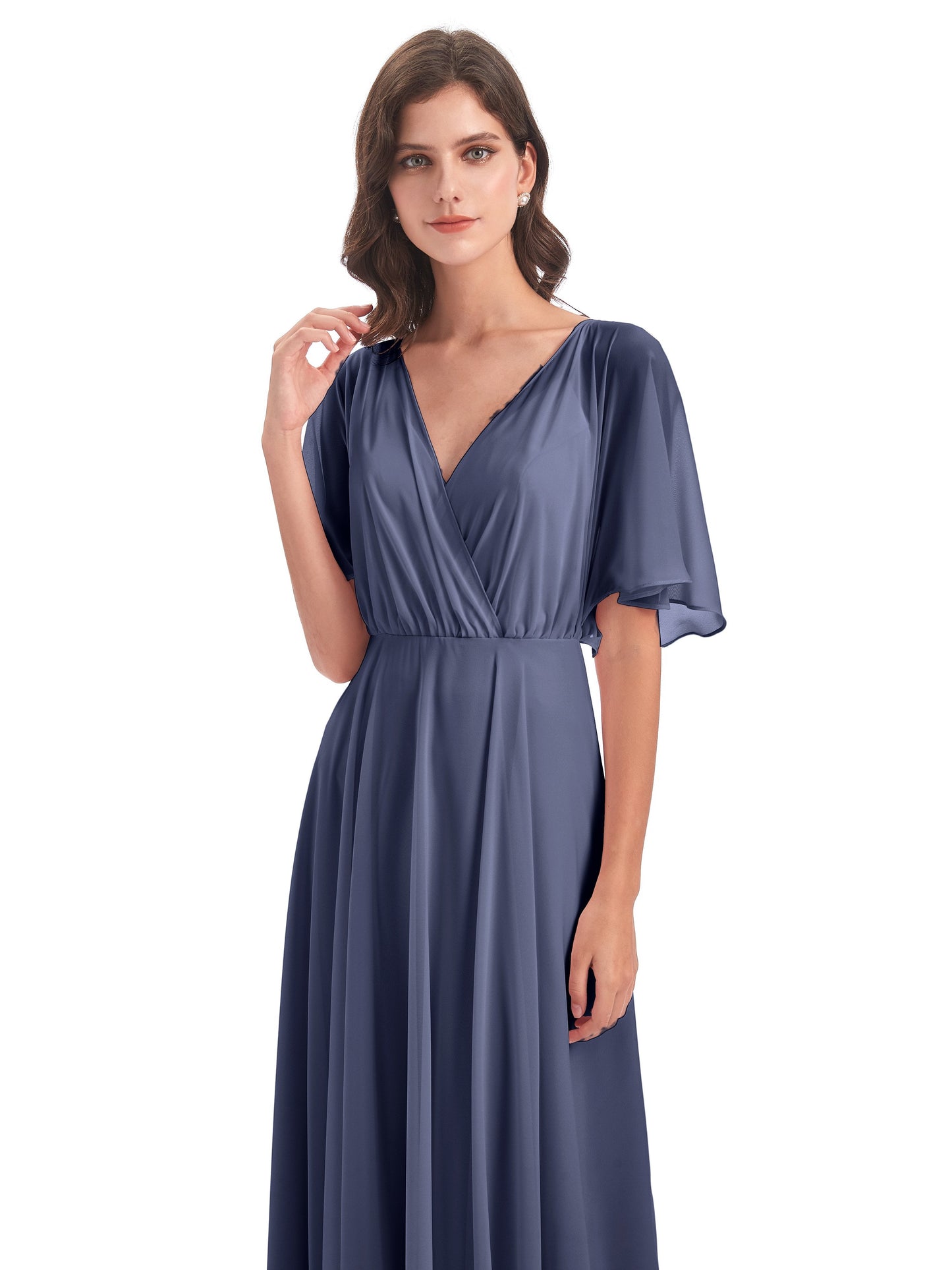 Hazel V-Neck Short Sleeves Chiffon Long Bridesmaid Dresses