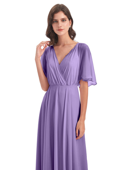 Hazel V-Neck Short Sleeves Chiffon Long Bridesmaid Dresses