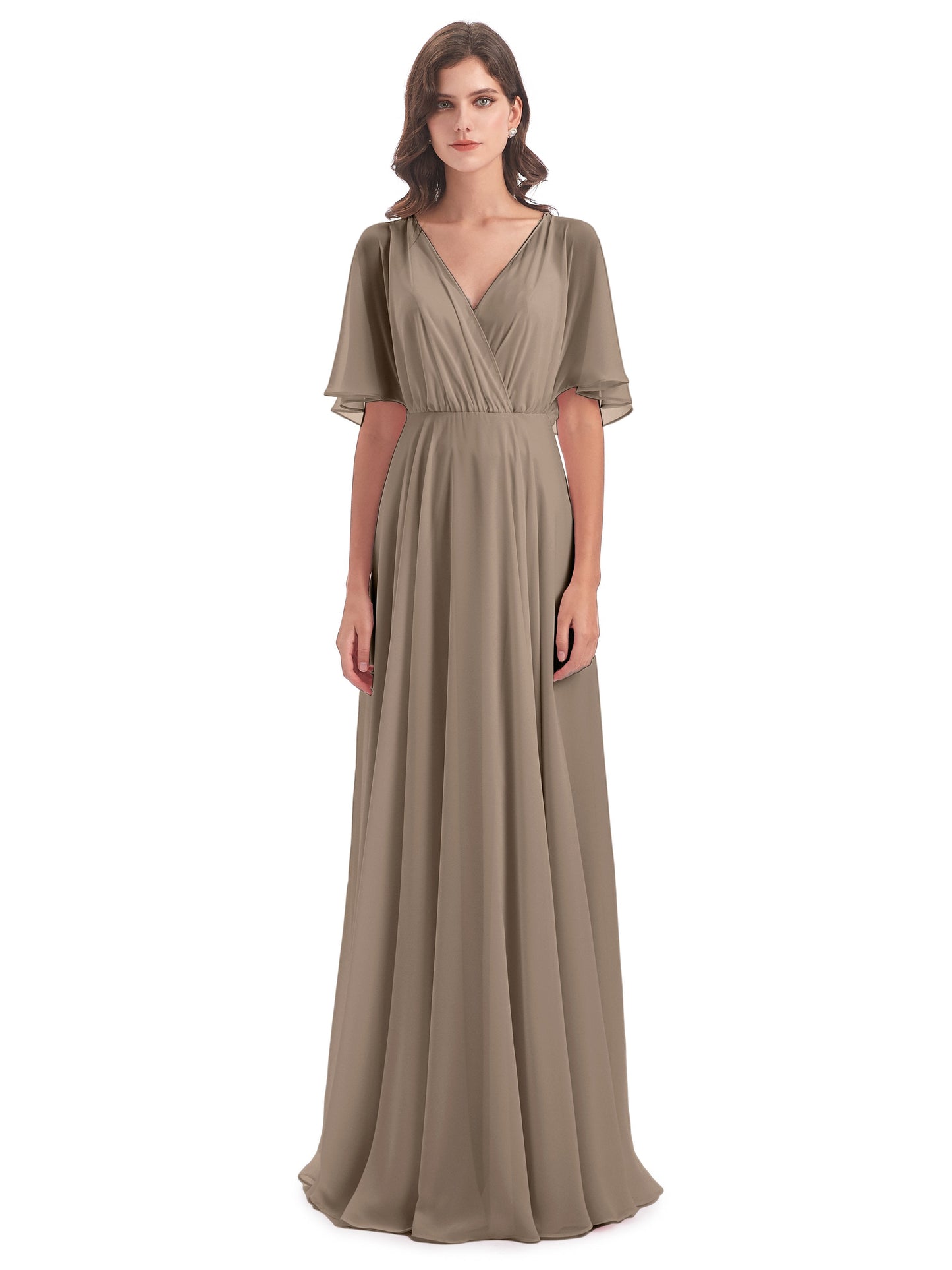 Hazel V-Neck Short Sleeves Chiffon Long Bridesmaid Dresses
