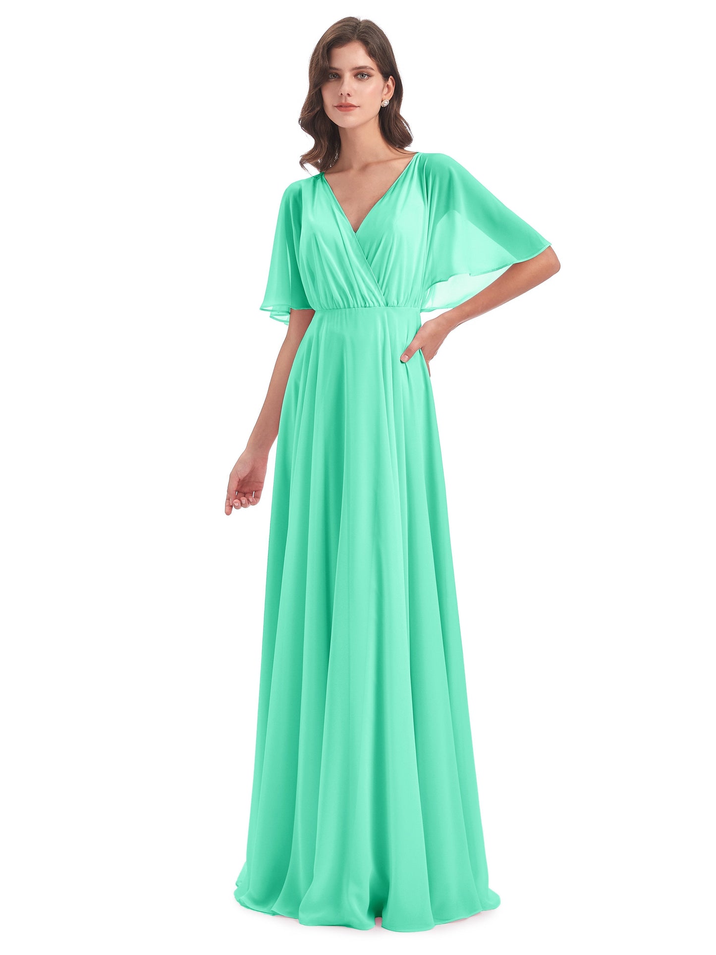 Hazel V-Neck Short Sleeves Chiffon Long Bridesmaid Dresses