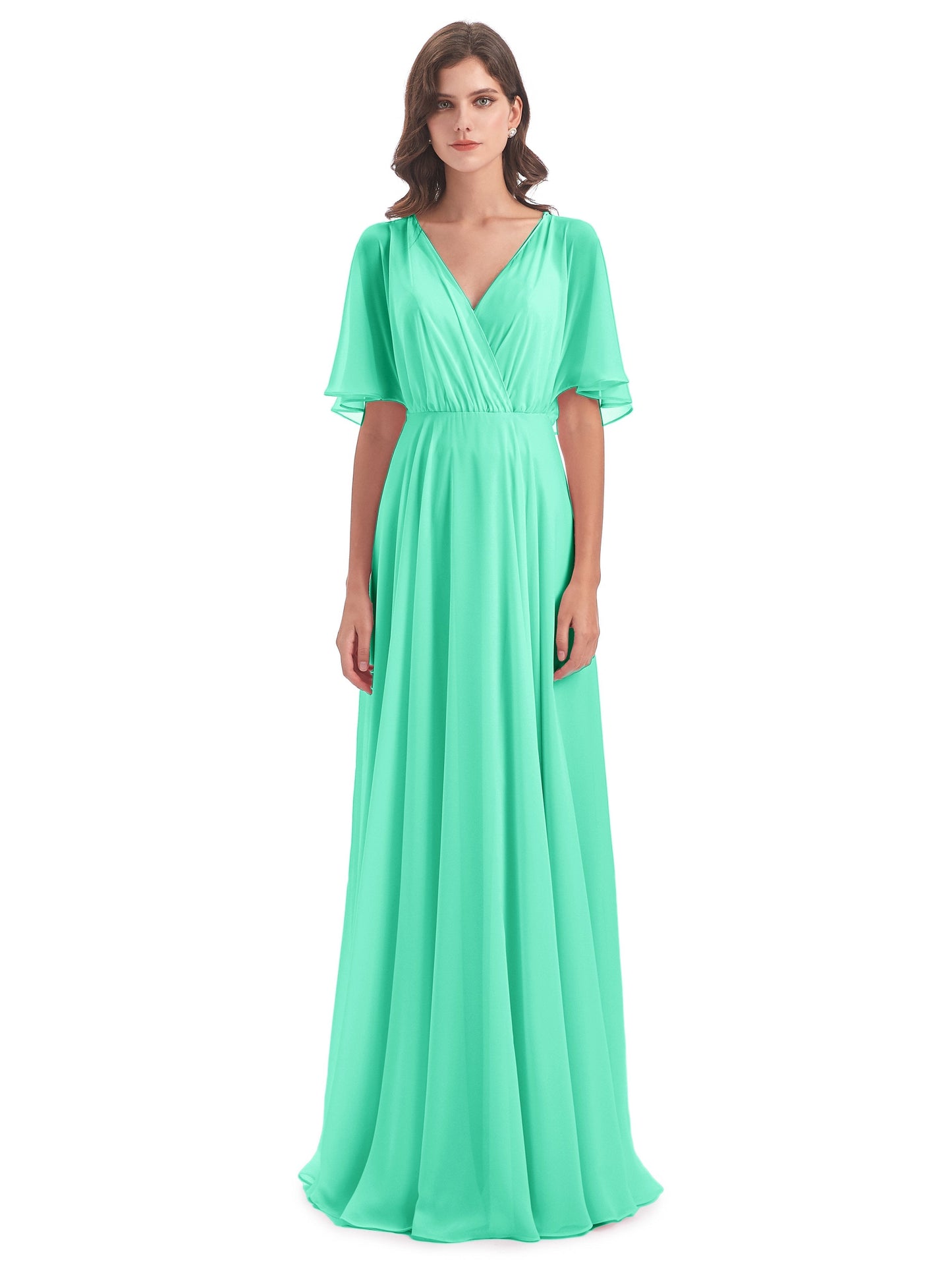 Hazel V-Neck Short Sleeves Chiffon Long Bridesmaid Dresses