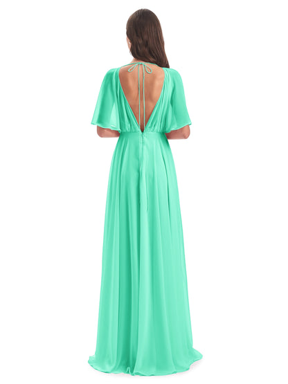 Hazel V-Neck Short Sleeves Chiffon Long Bridesmaid Dresses