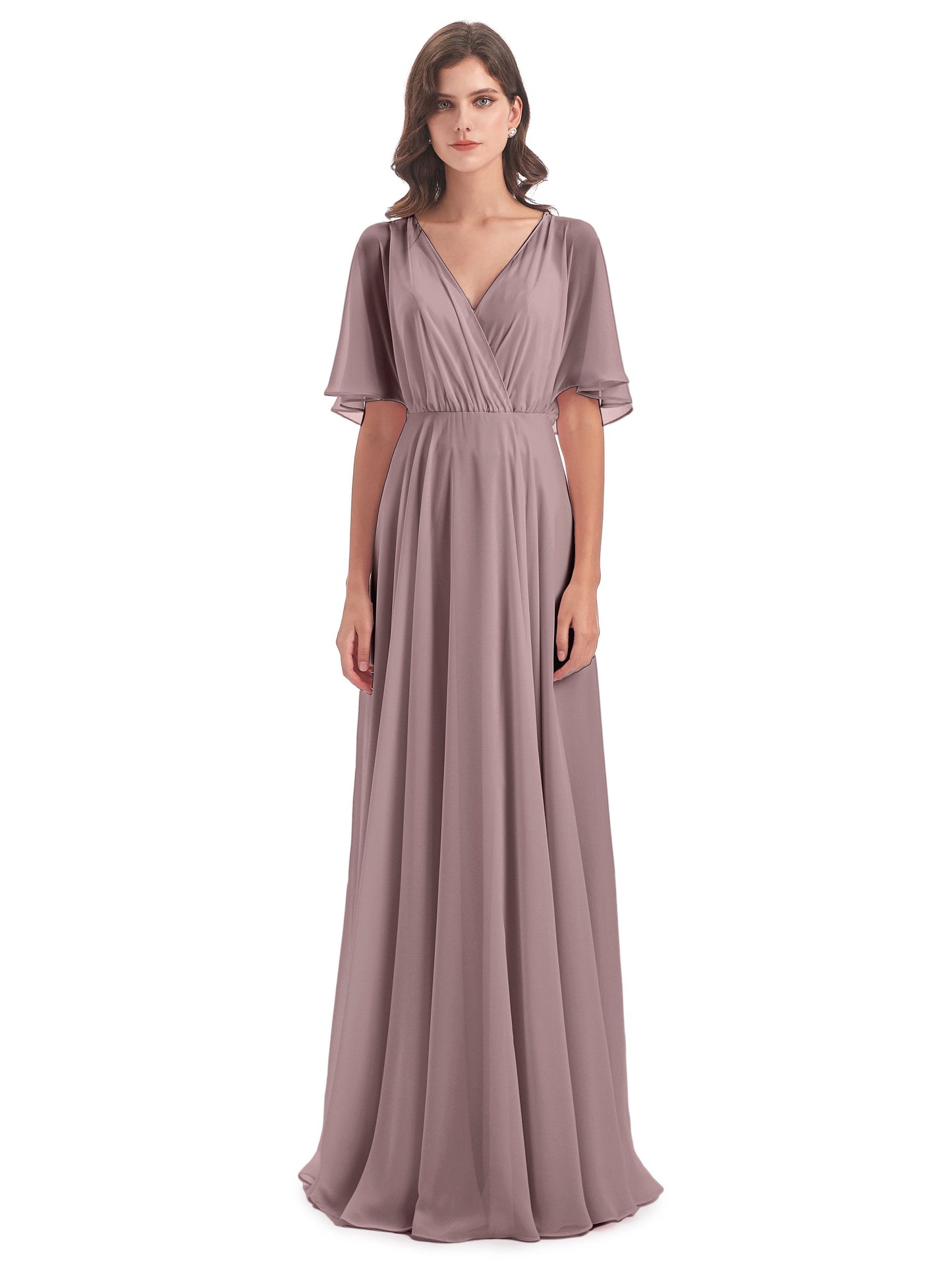 Hazel V-Neck Short Sleeves Chiffon Long Bridesmaid Dresses
