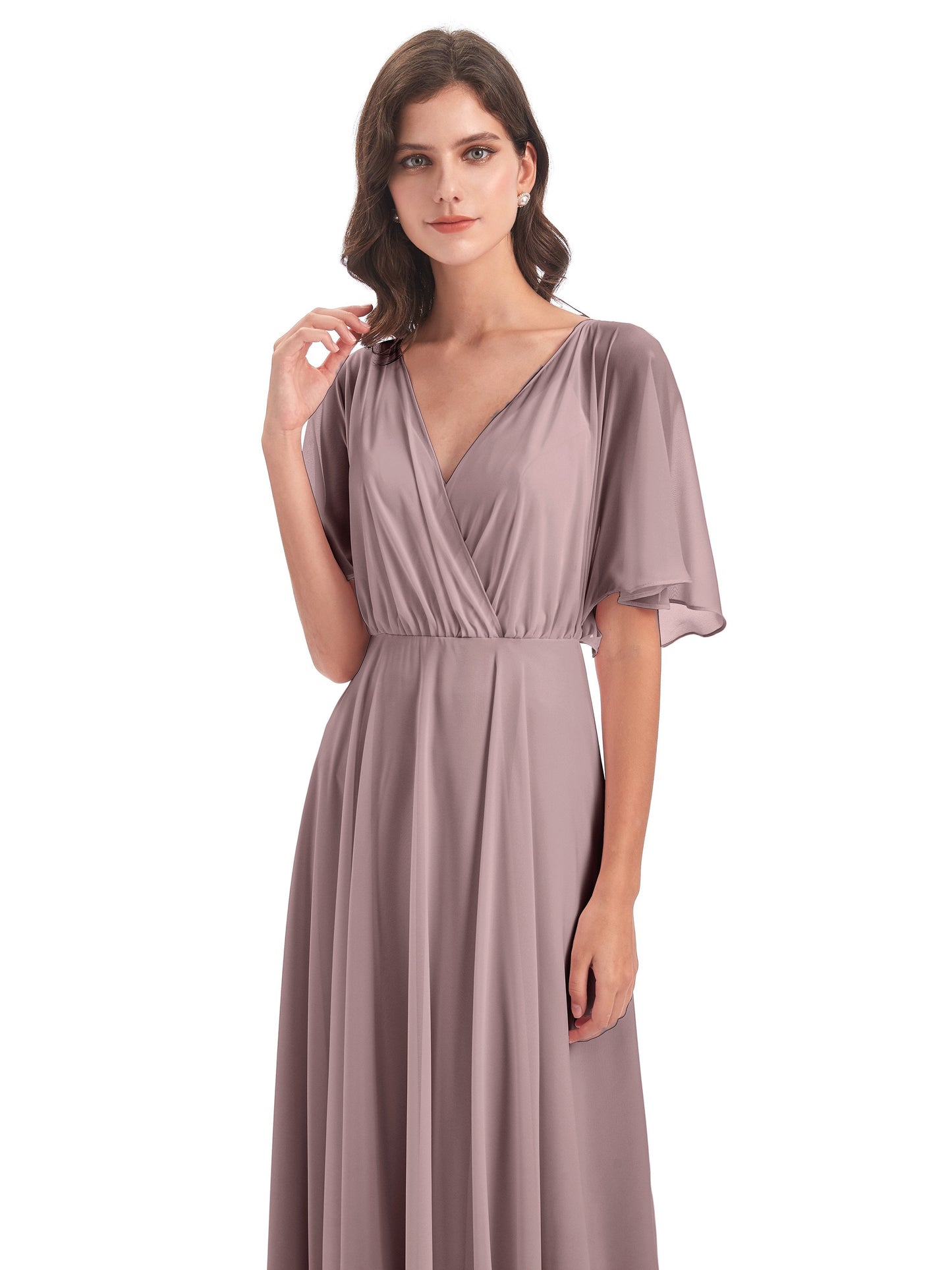 Hazel V-Neck Short Sleeves Chiffon Long Bridesmaid Dresses