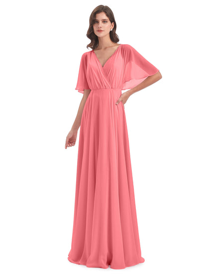 Hazel V-Neck Short Sleeves Chiffon Long Bridesmaid Dresses