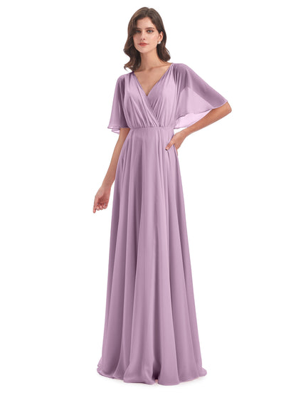 Hazel V-Neck Short Sleeves Chiffon Long Bridesmaid Dresses