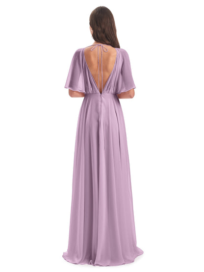 Hazel V-Neck Short Sleeves Chiffon Long Bridesmaid Dresses
