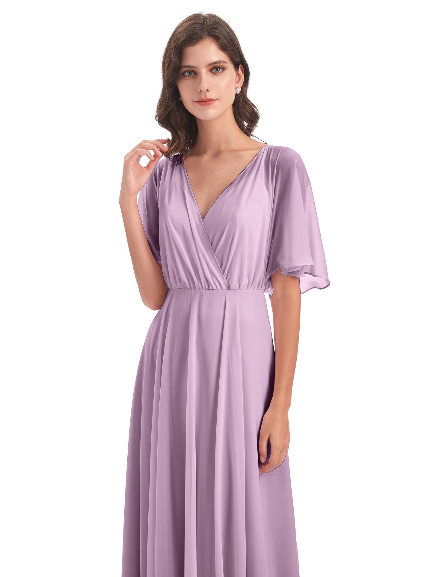 Hazel V-Neck Short Sleeves Chiffon Long Bridesmaid Dresses