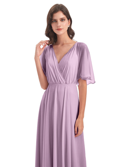 Hazel V-Neck Short Sleeves Chiffon Long Bridesmaid Dresses