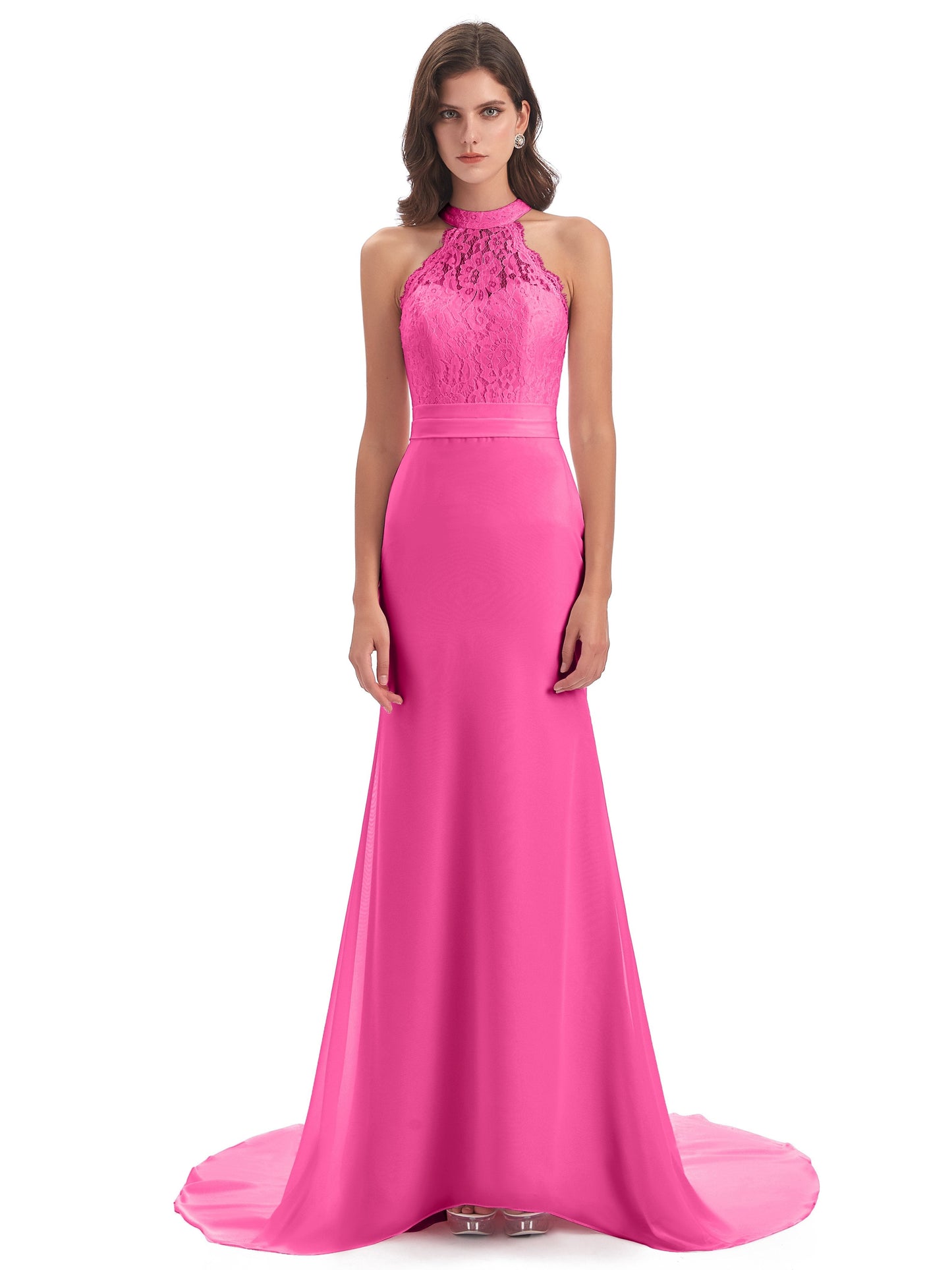 Jenny Court Train Halter Lace Bridesmaid Dresses